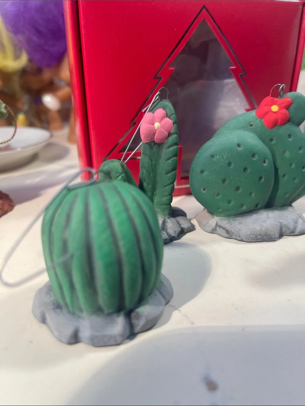 Hand painted ceramic cactus ornament - set of 4